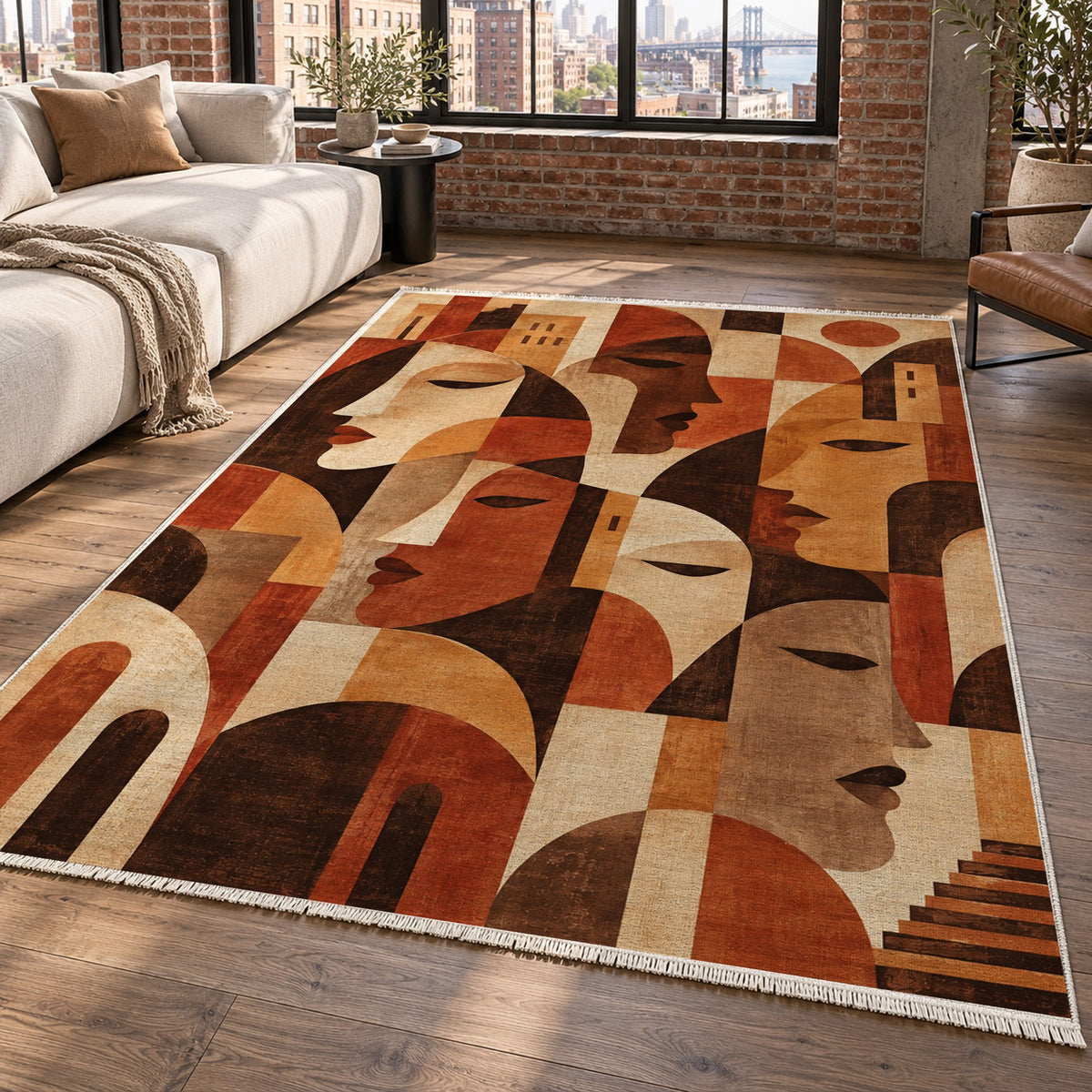 Urban Faces Terracotta Abstract Washable Rug — new york living