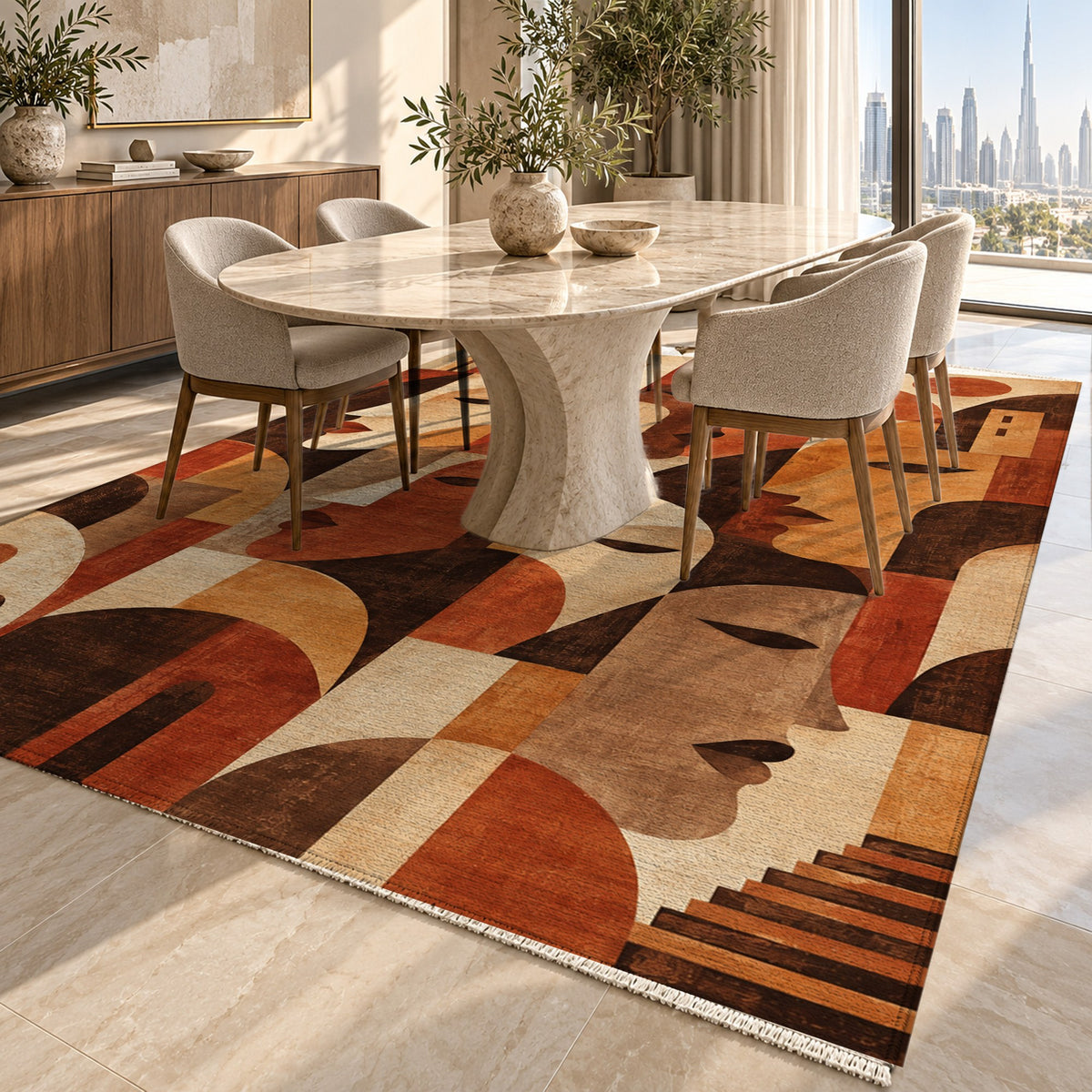 Urban Faces Terracotta Abstract Washable Rug — dubai dining