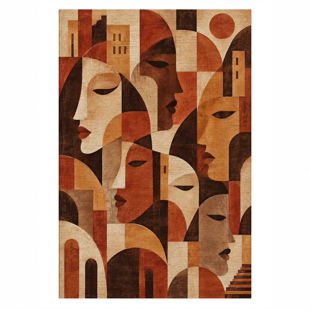 Urban Faces Terracotta Abstract Washable Rug — top view