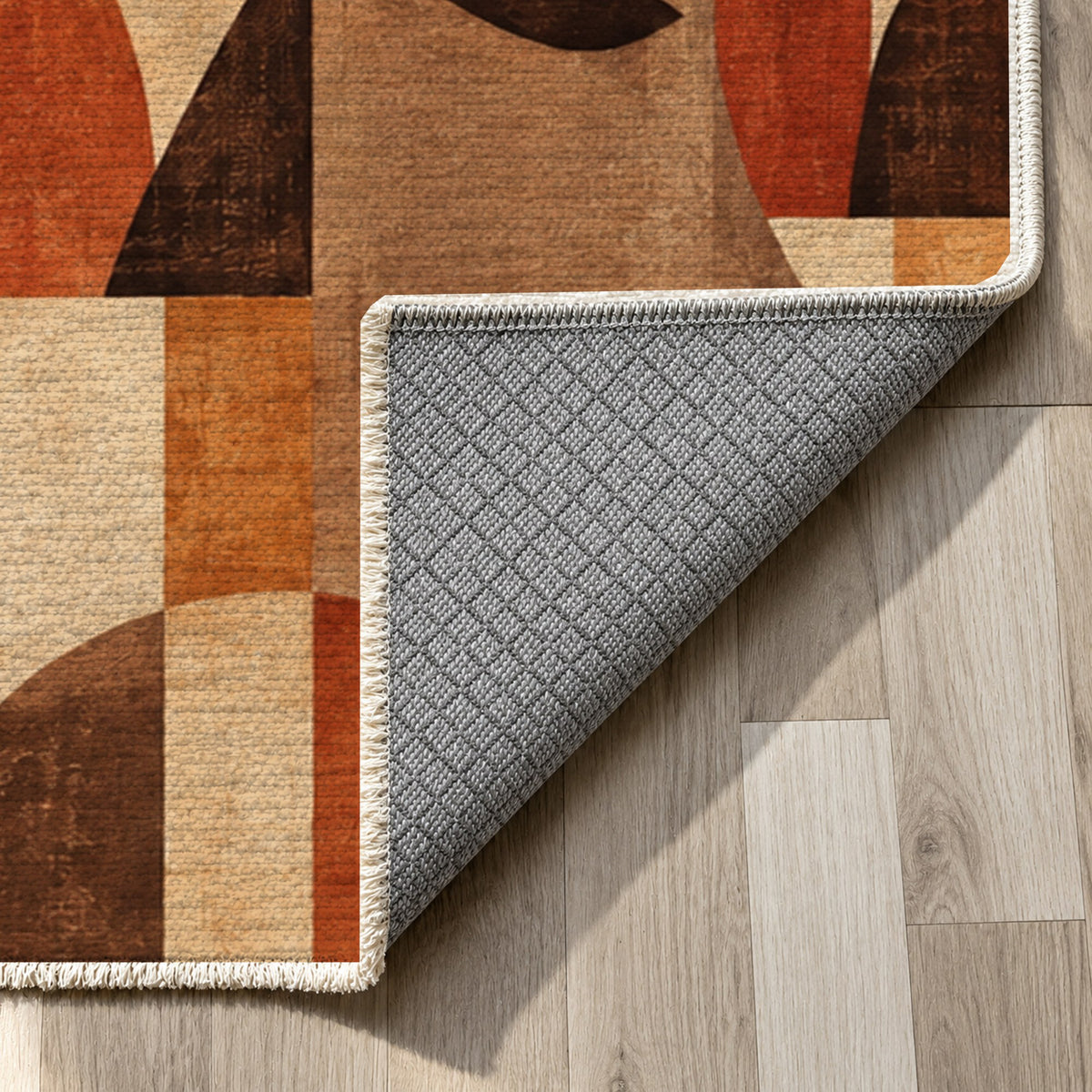 Urban Faces Terracotta Abstract Washable Rug — backing close up