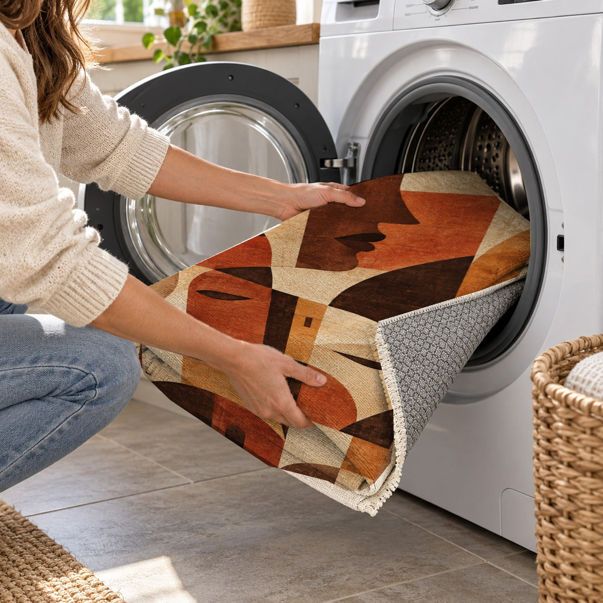 Urban Faces Terracotta Abstract Washable Rug — washing machine