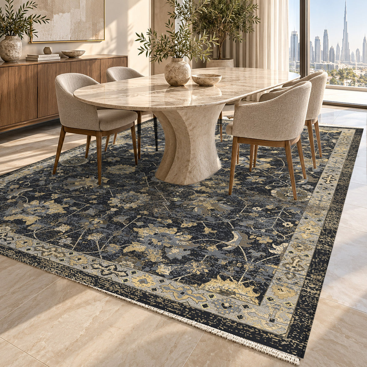Ushak Black Classic Washable Rug — dubai dining