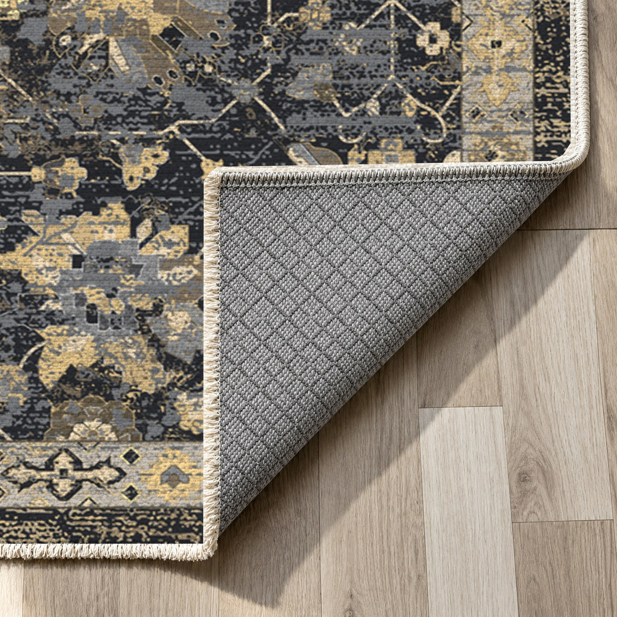 Ushak Black Classic Washable Rug — backing close up