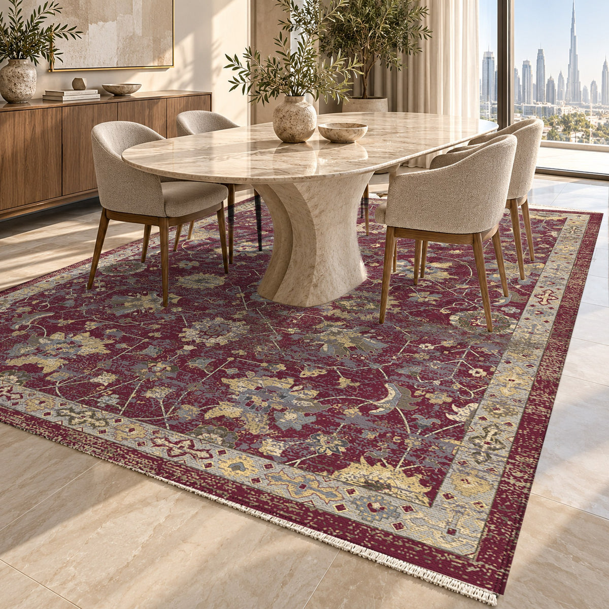 Ushak Burgundy Red Classic Washable Rug — dubai dining
