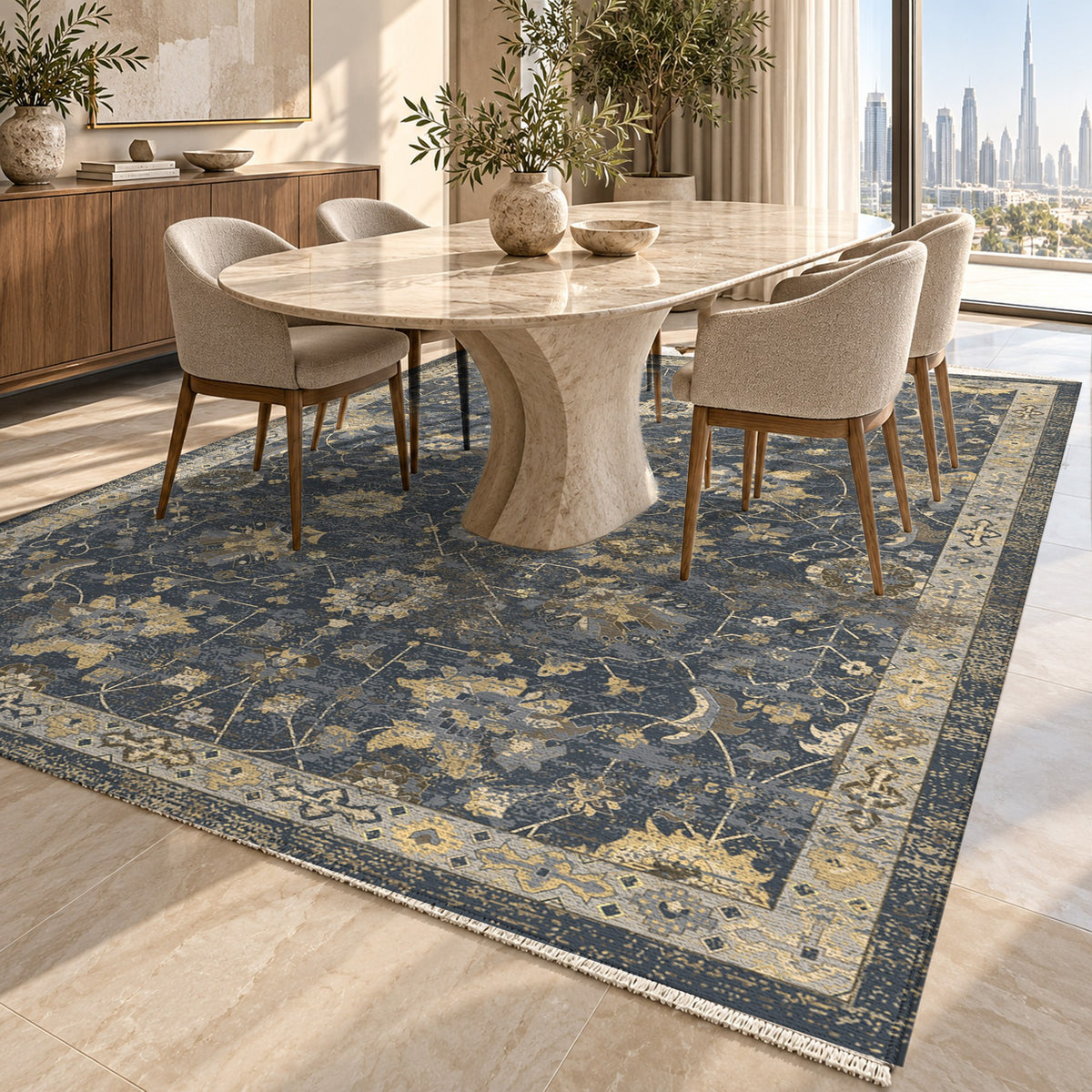 Ushak Charcoal Classic Washable Rug — dubai dining