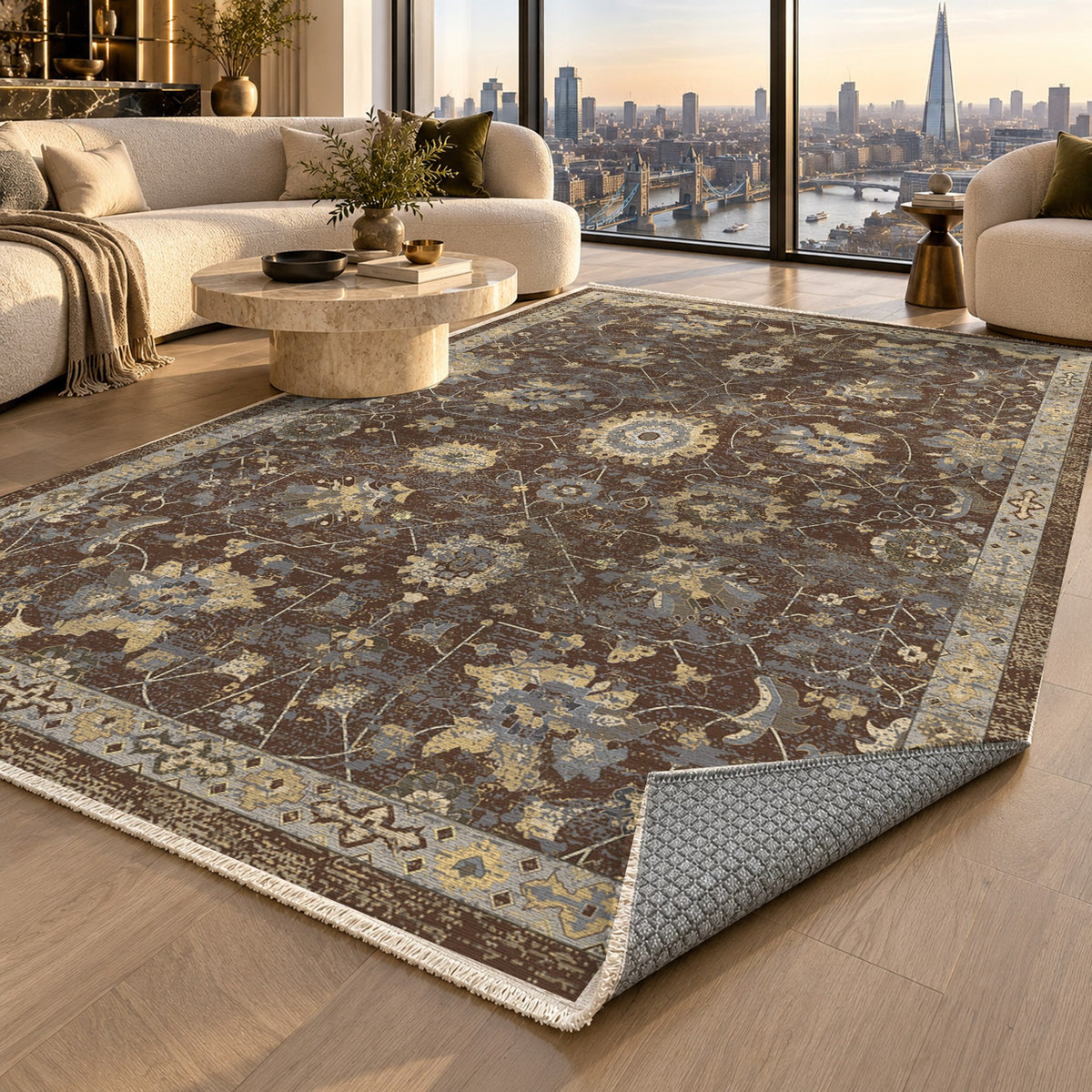 Ushak Chocolate Classic Washable Rug — london luxury living