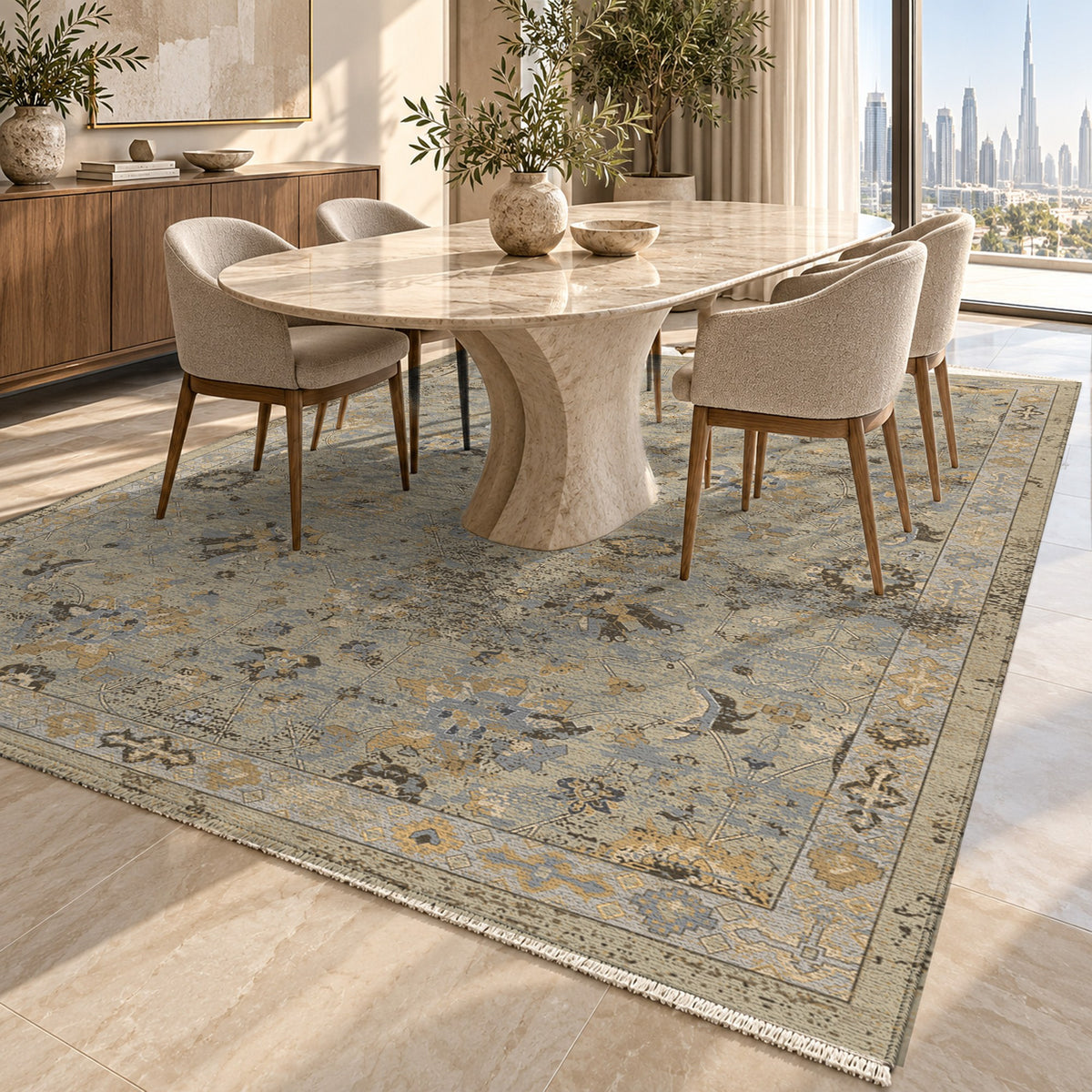 Ushak Cream Classic Washable Rug — dubai dining