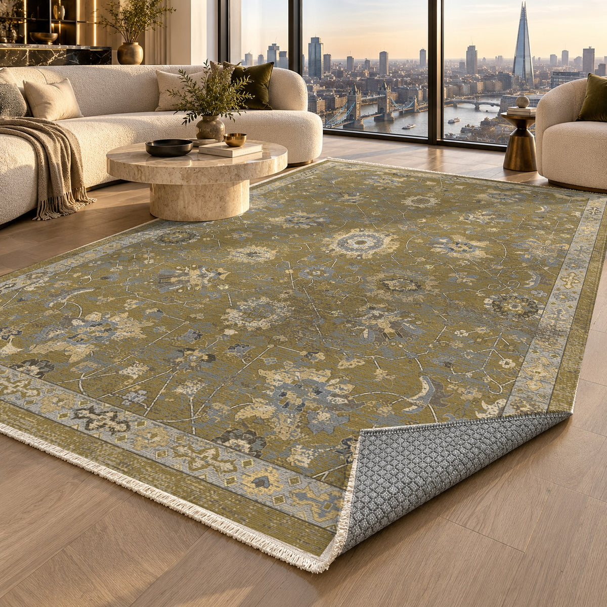 Ushak Muted Gold Classic Washable Rug — london luxury living