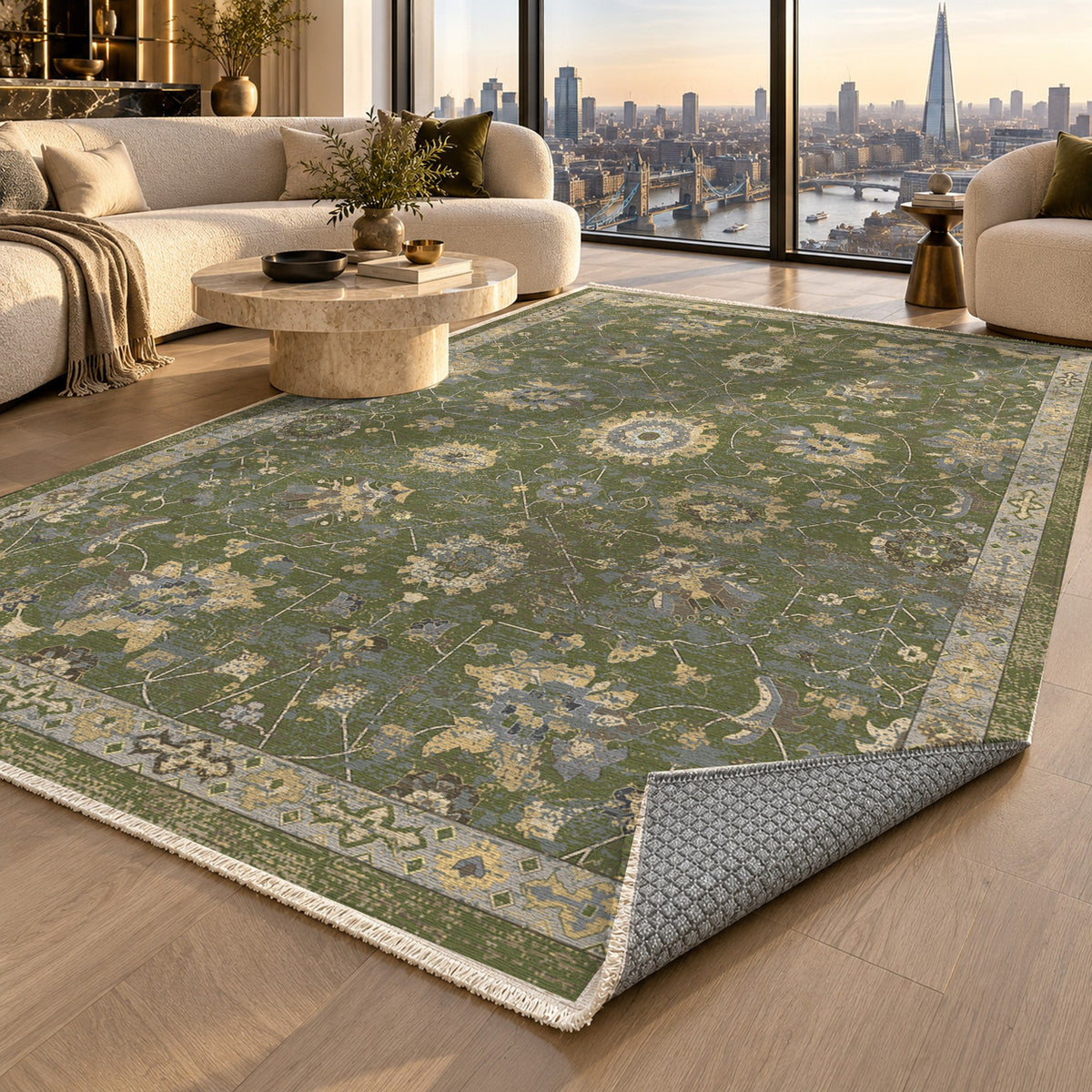 Ushak Olive Classic Washable Rug — london luxury living