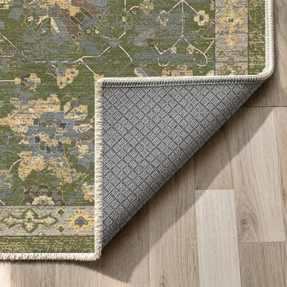 Ushak Olive Classic Washable Rug — backing close up