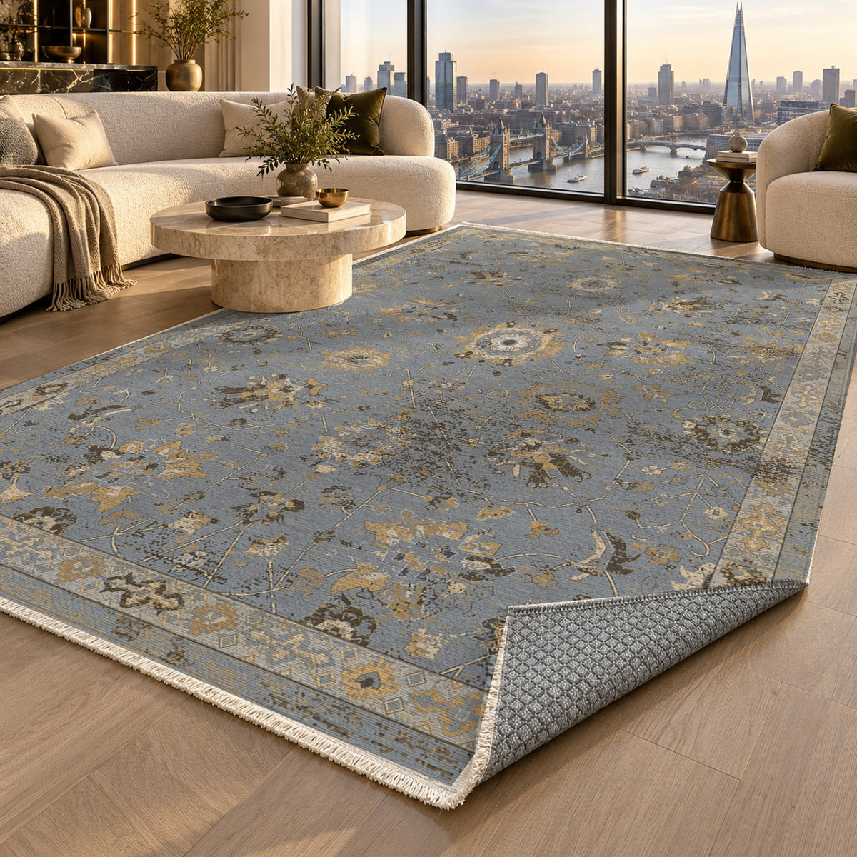 Ushak Silver Grey Classic Washable Rug — london luxury living
