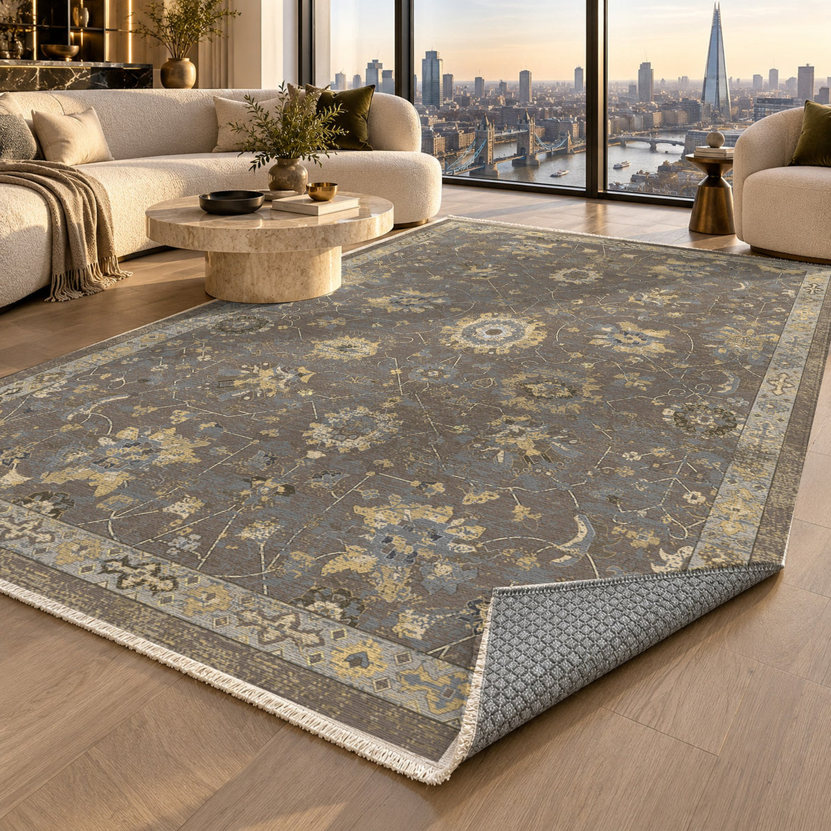 Ushak Taupe Classic Washable Rug — london luxury living