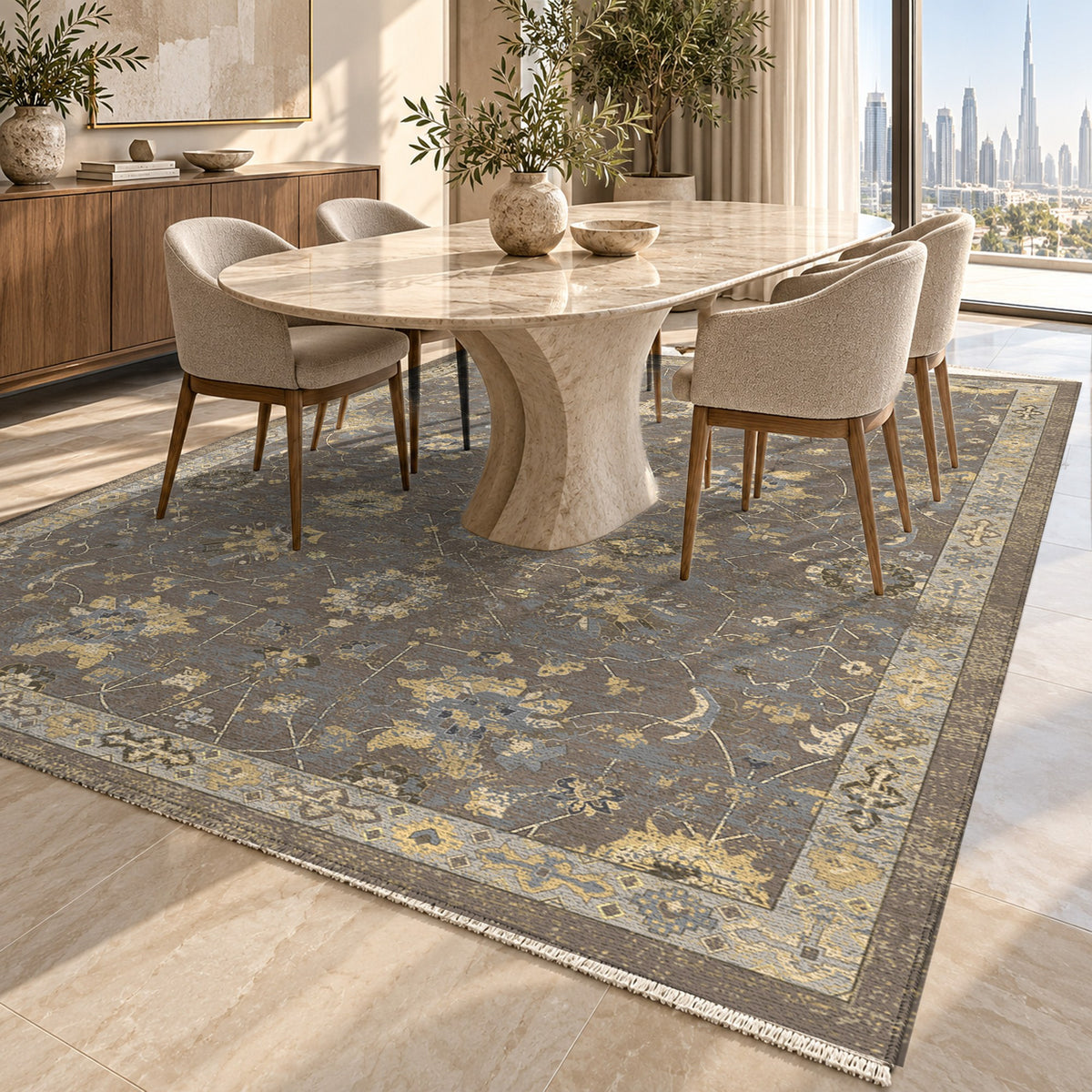 Ushak Taupe Classic Washable Rug — dubai dining