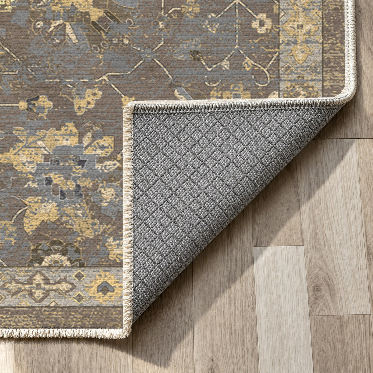 Ushak Taupe Classic Washable Rug — backing close up