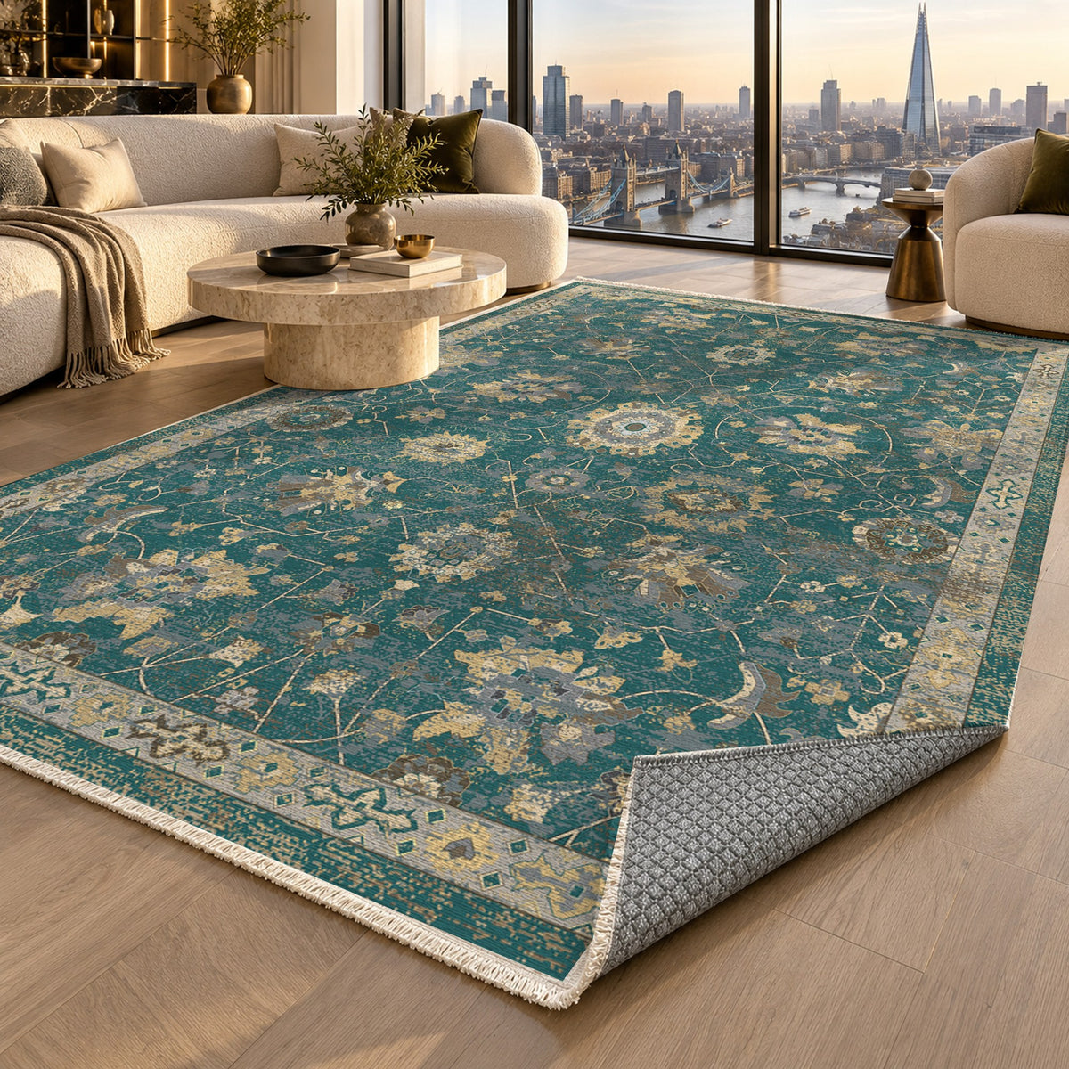 Ushak Teal Classic Washable Rug — london luxury living