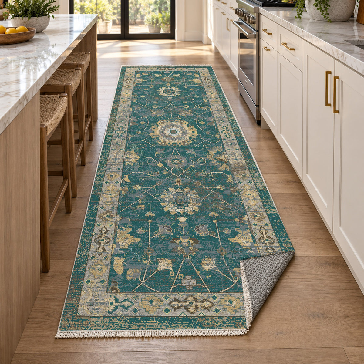 Ushak Teal Classic Washable Rug — new york kitchen runner