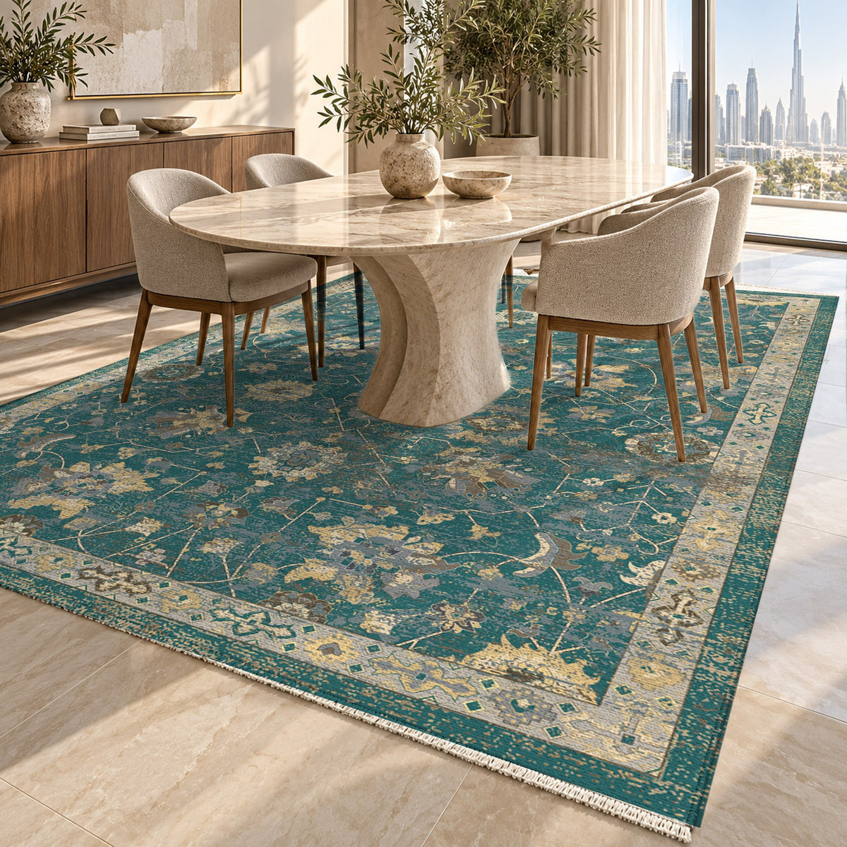 Ushak Teal Classic Washable Rug — dubai dining