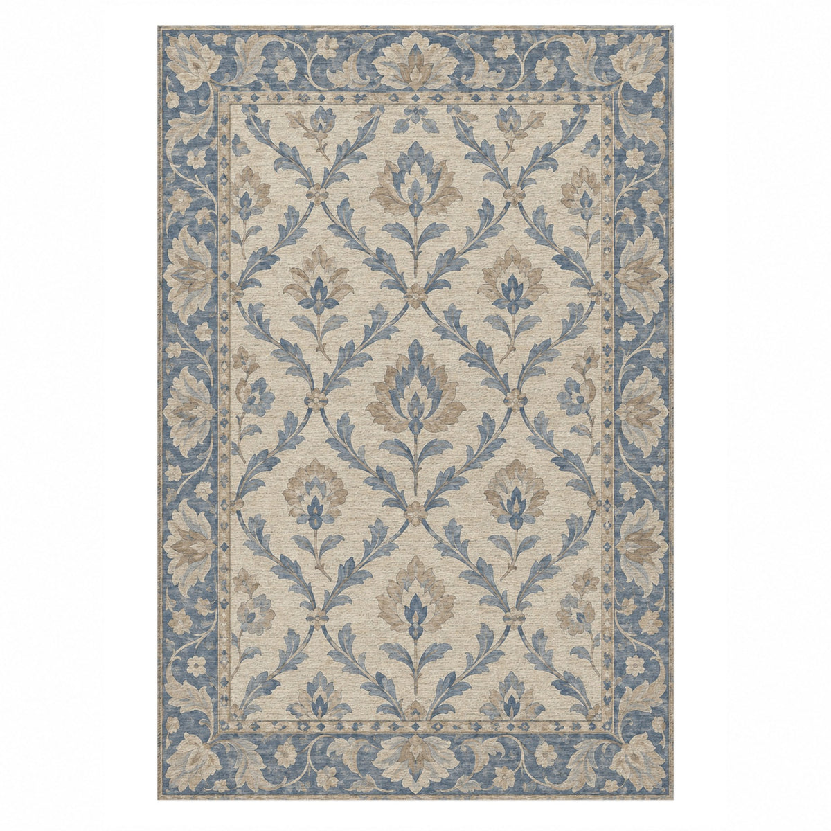 Vine Lattice Blue Ivory Classic Washable Rug — top view