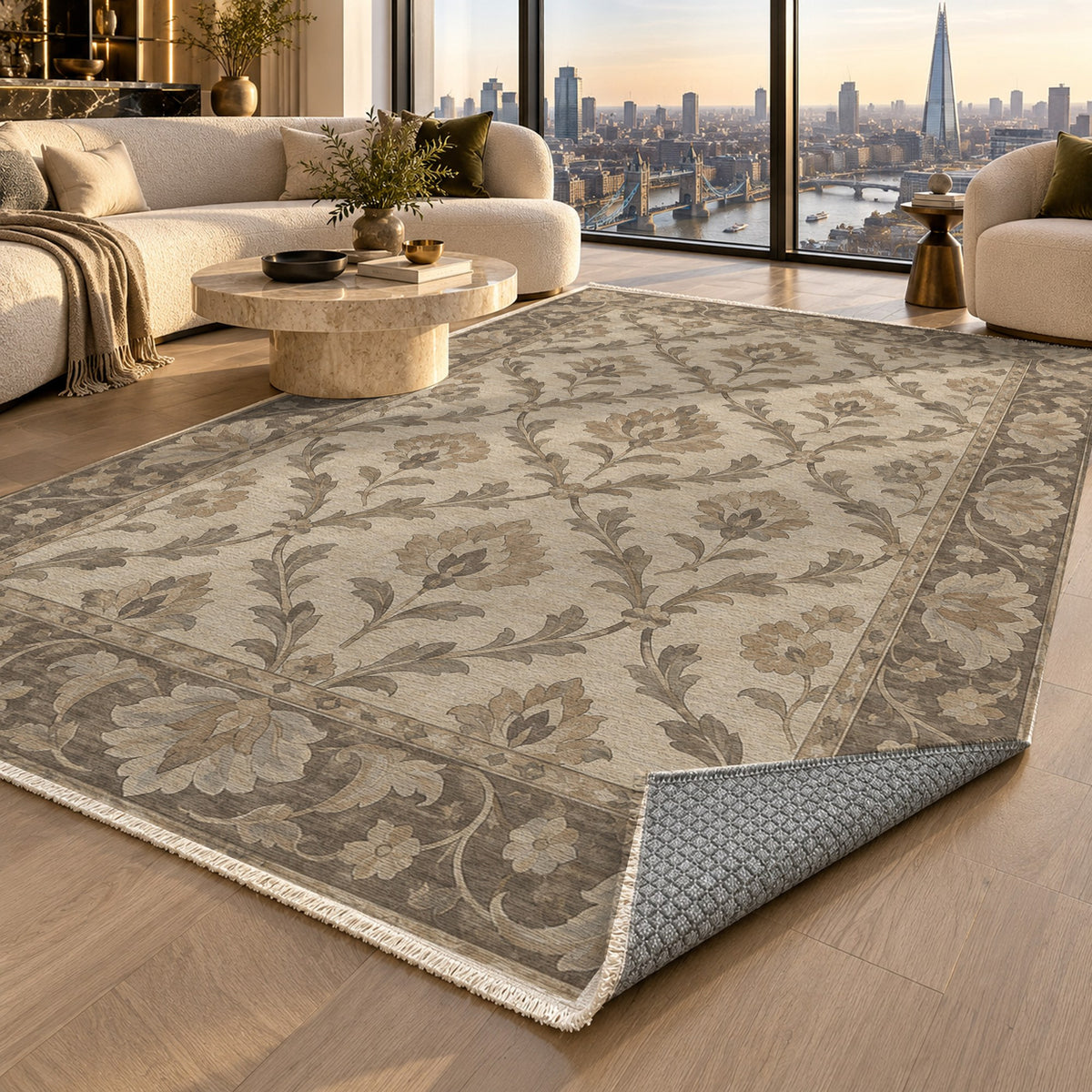 Vine Lattice Ivory Taupe Classic Washable Rug — london luxury living
