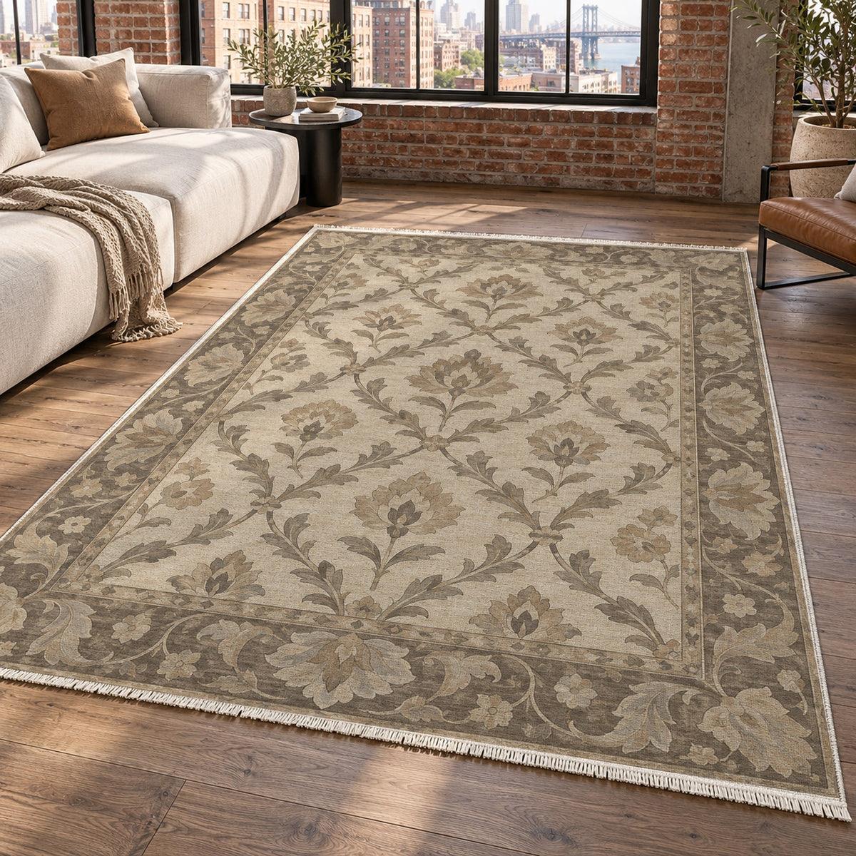 Vine Lattice Ivory Taupe Classic Washable Rug — new york living