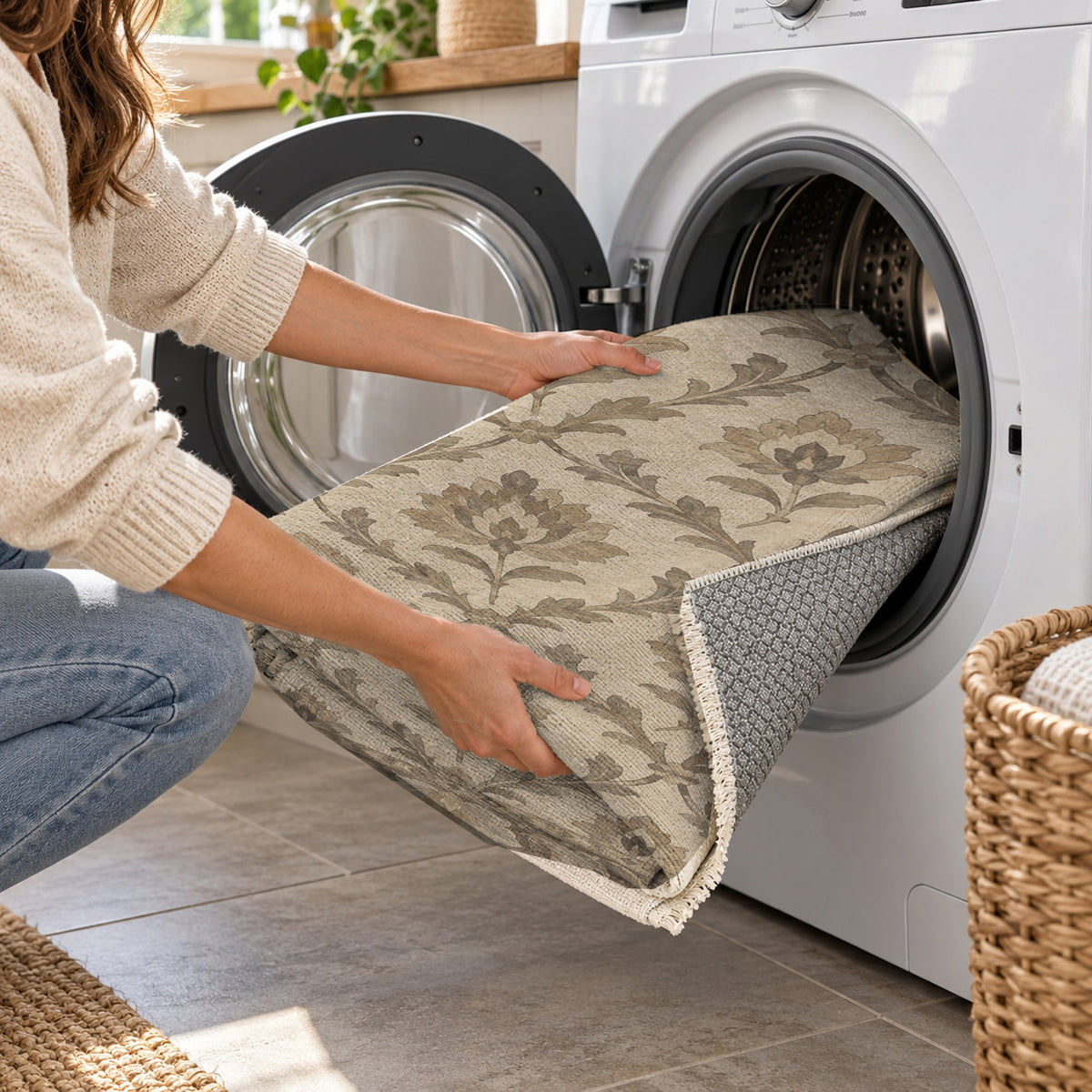 Vine Lattice Ivory Taupe Classic Washable Rug — washing machine