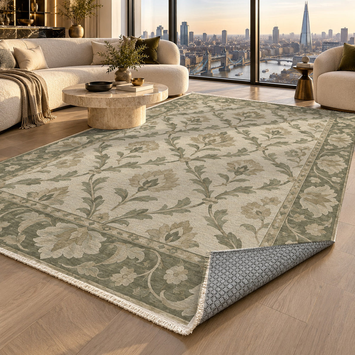 Vine Lattice Sage Cream Classic Washable Rug — london luxury living