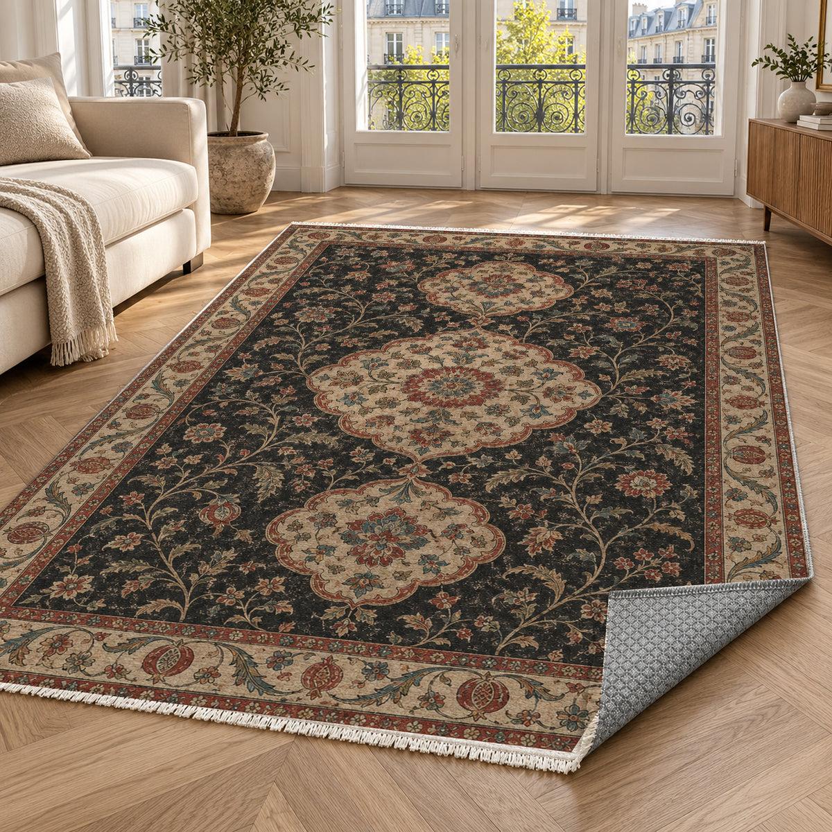 Vintage Bloom Black Washable Rug — paris living