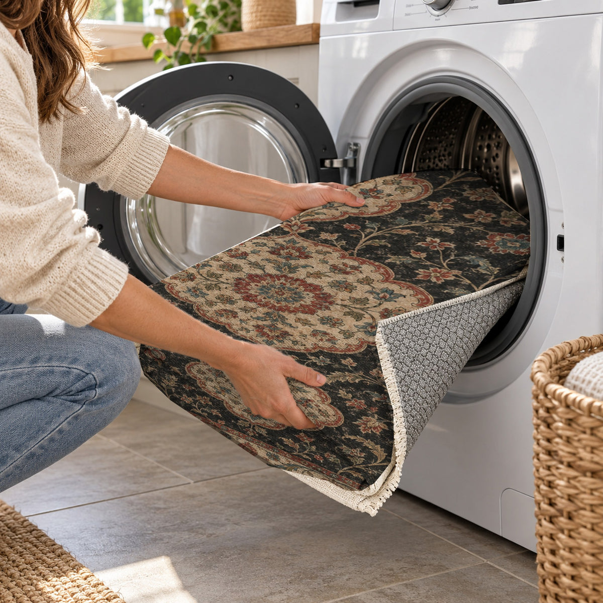 Vintage Bloom Black Washable Rug — washing machine