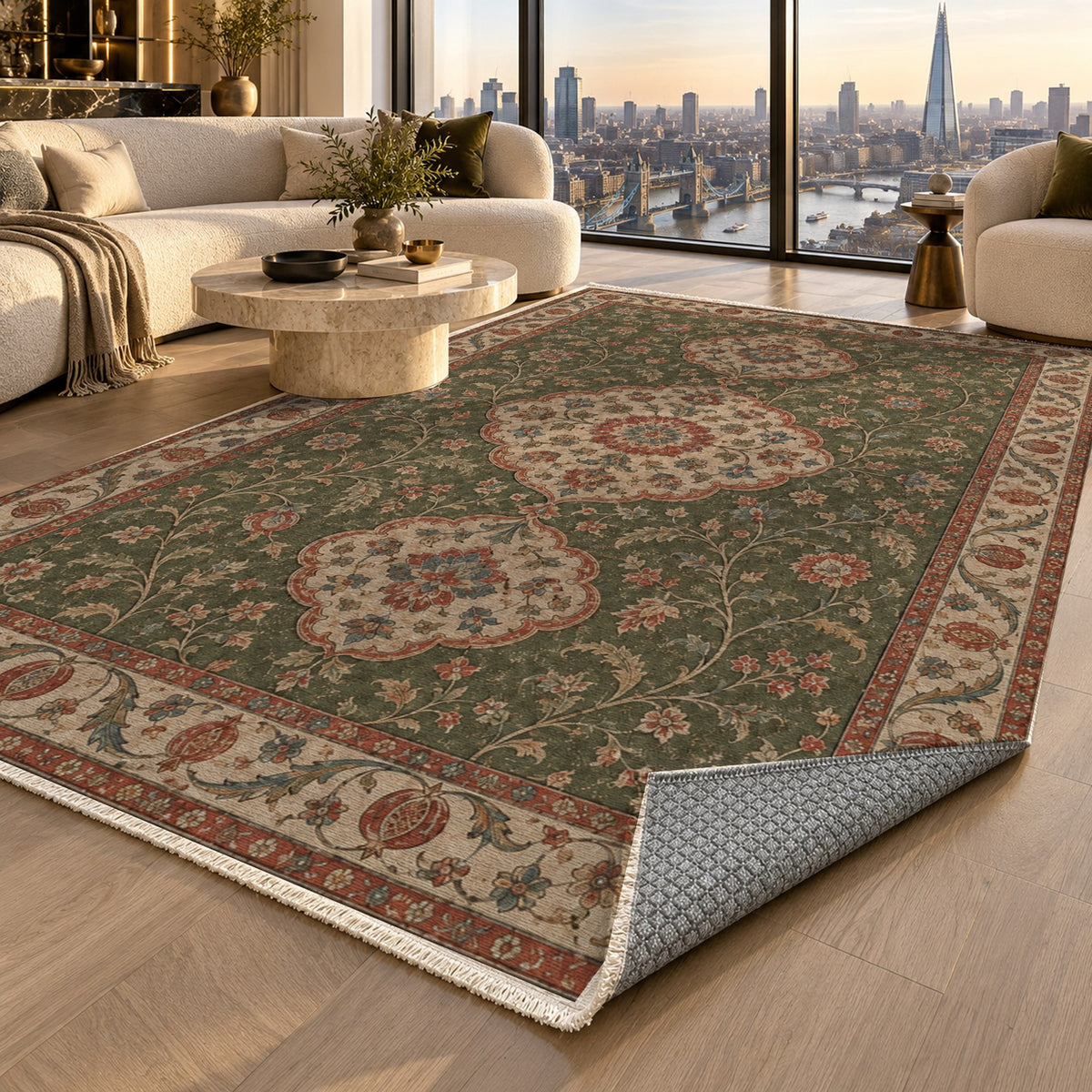 Vintage Bloom Khaki Green Washable Rug — london luxury living