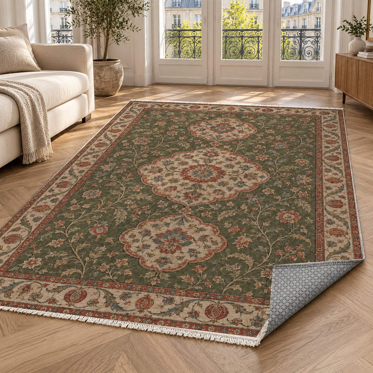 Vintage Bloom Khaki Green Washable Rug — paris living
