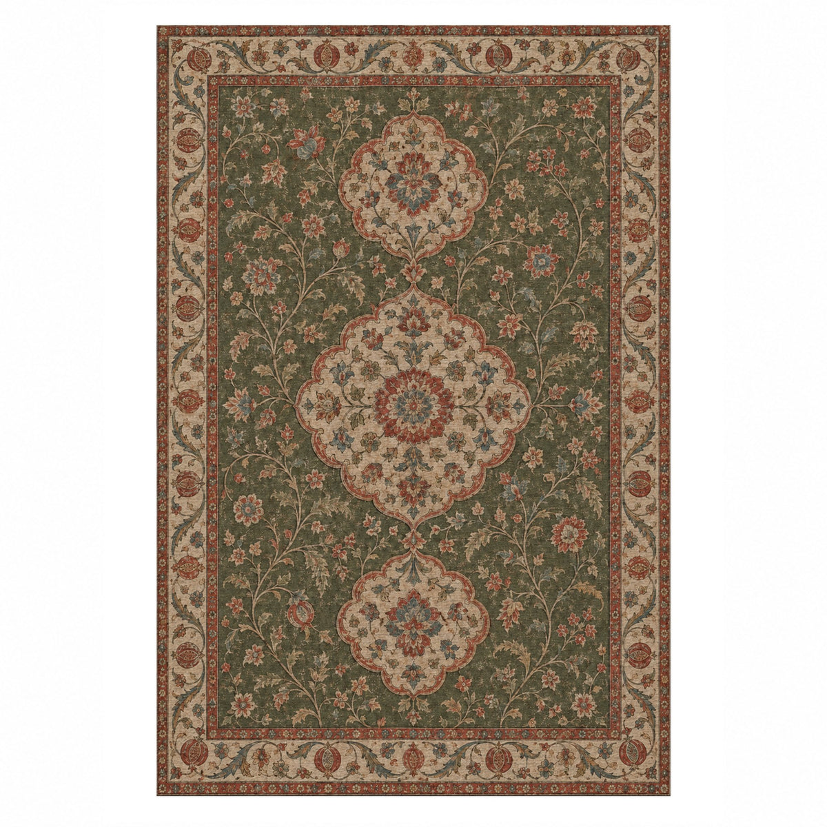 Vintage Bloom Khaki Green Washable Rug — top view