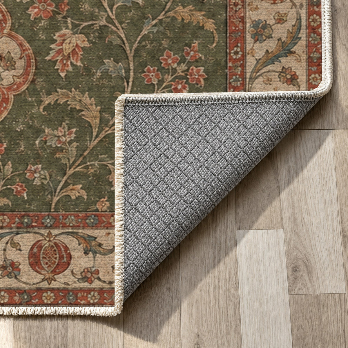Vintage Bloom Khaki Green Washable Rug — backing close up
