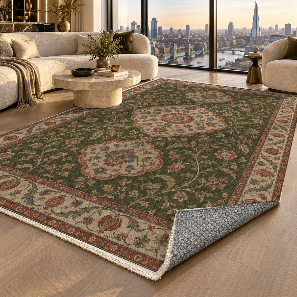 Vintage Bloom Olive Green Washable Rug — london luxury living