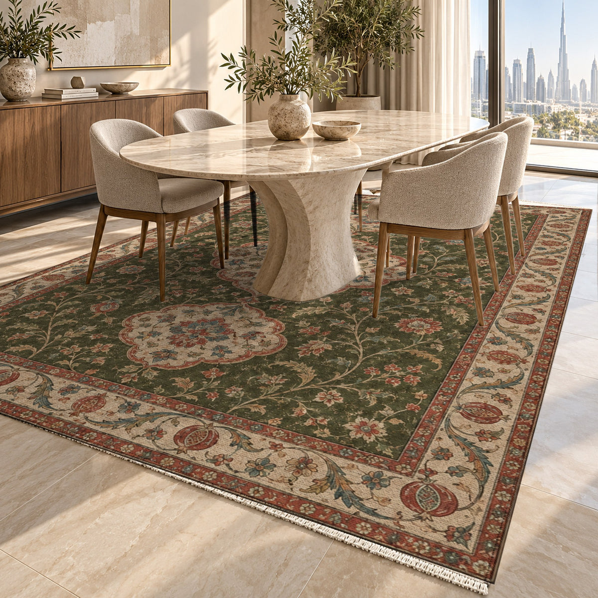 Vintage Bloom Olive Green Washable Rug — dubai dining