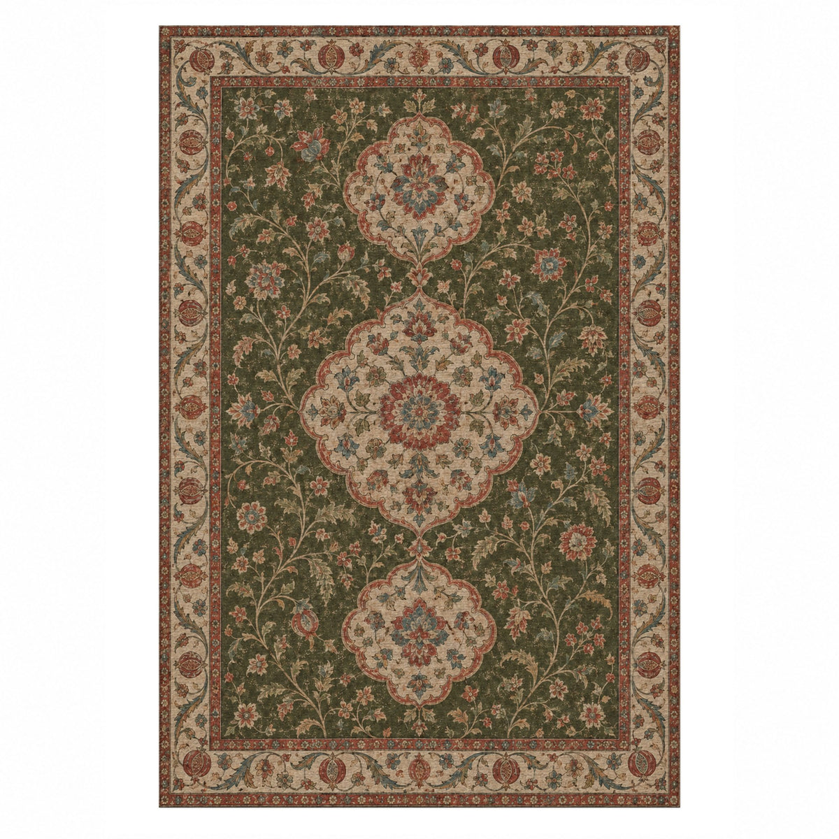 Vintage Bloom Olive Green Washable Rug — top view