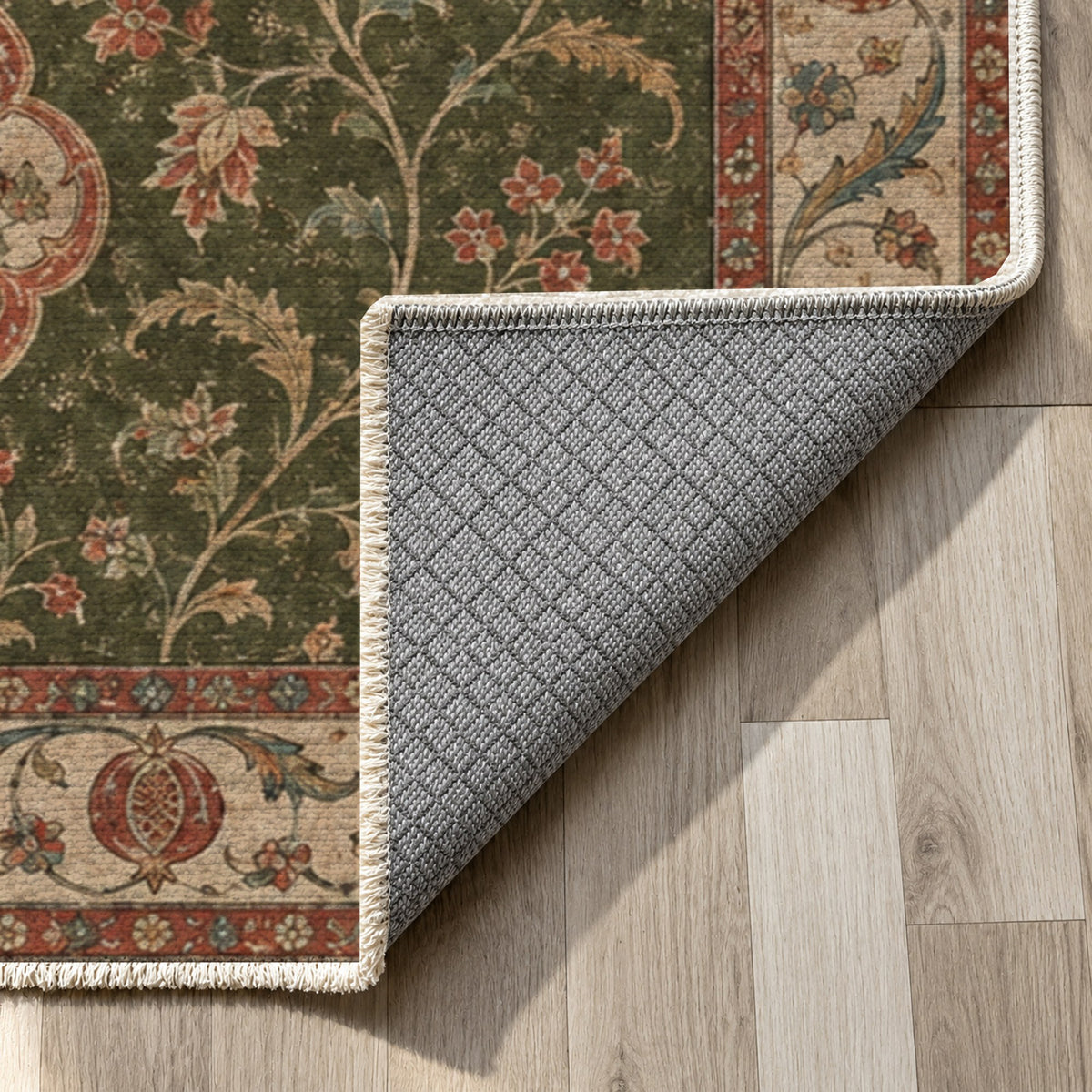 Vintage Bloom Olive Green Washable Rug — backing close up