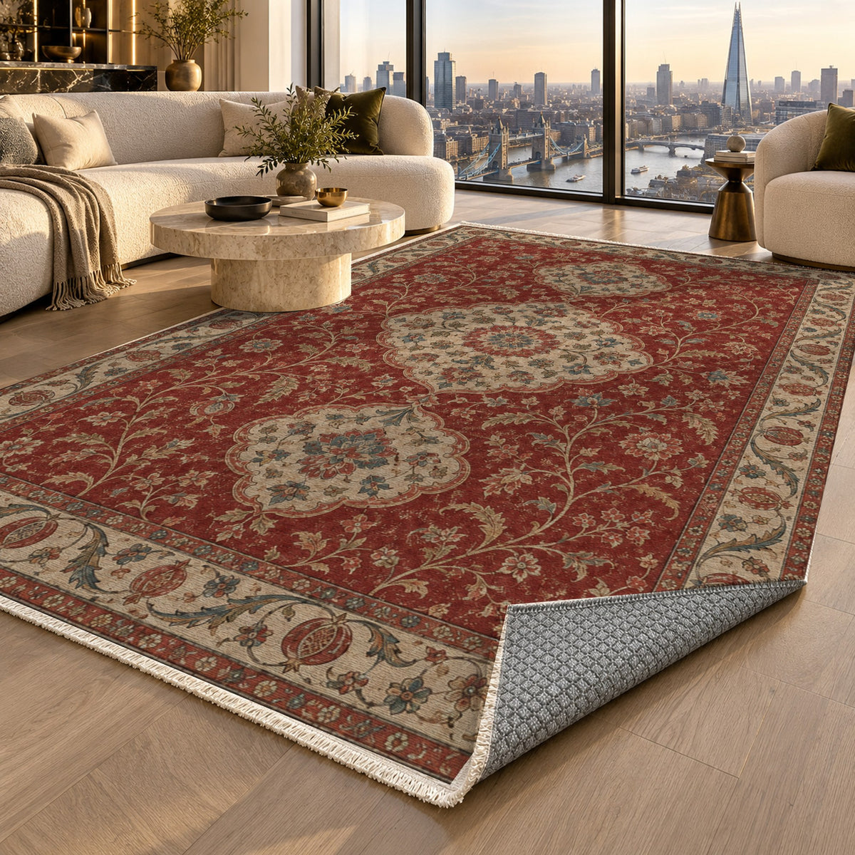 Vintage Bloom Red Washable Rug — london luxury living