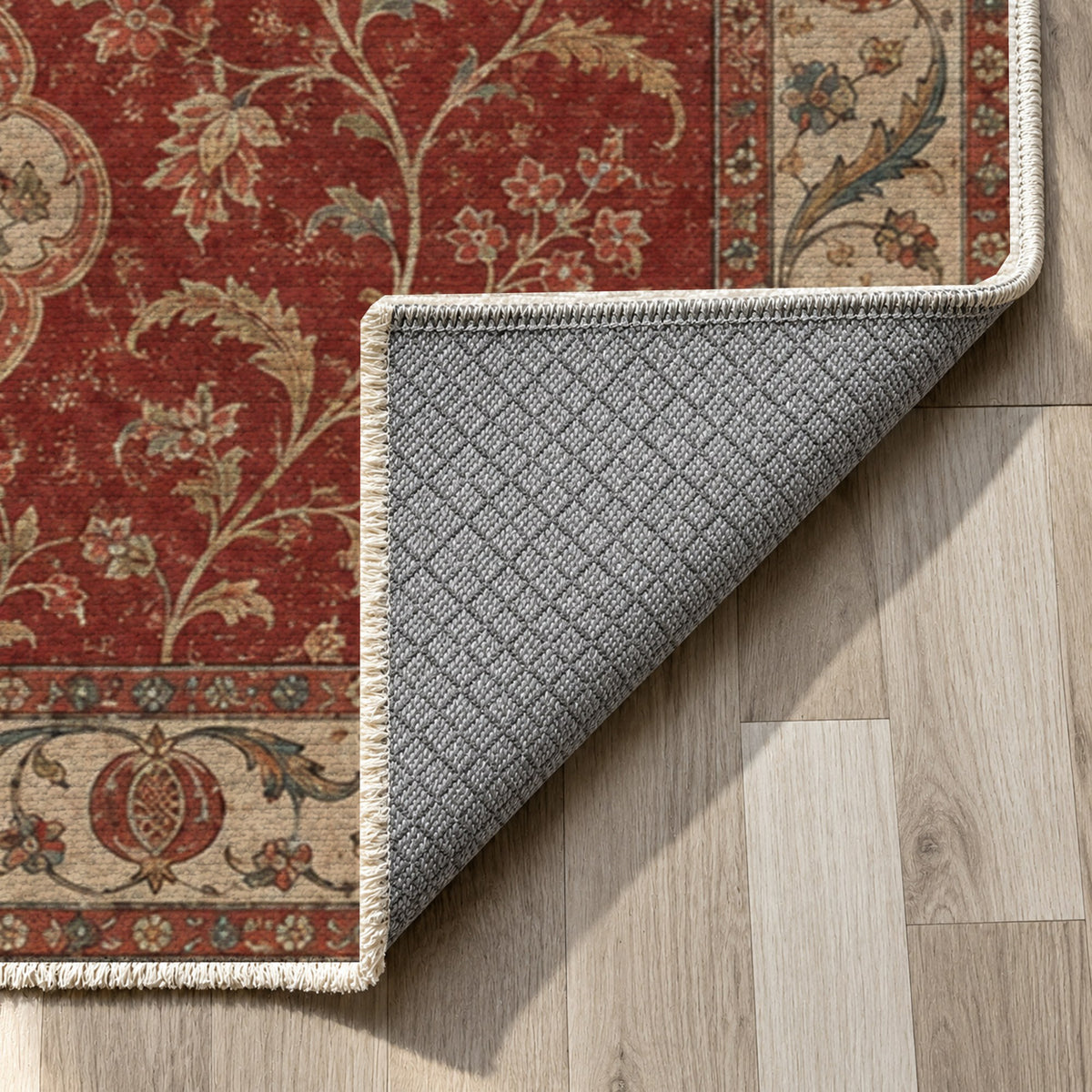 Vintage Bloom Red Washable Rug — backing close up