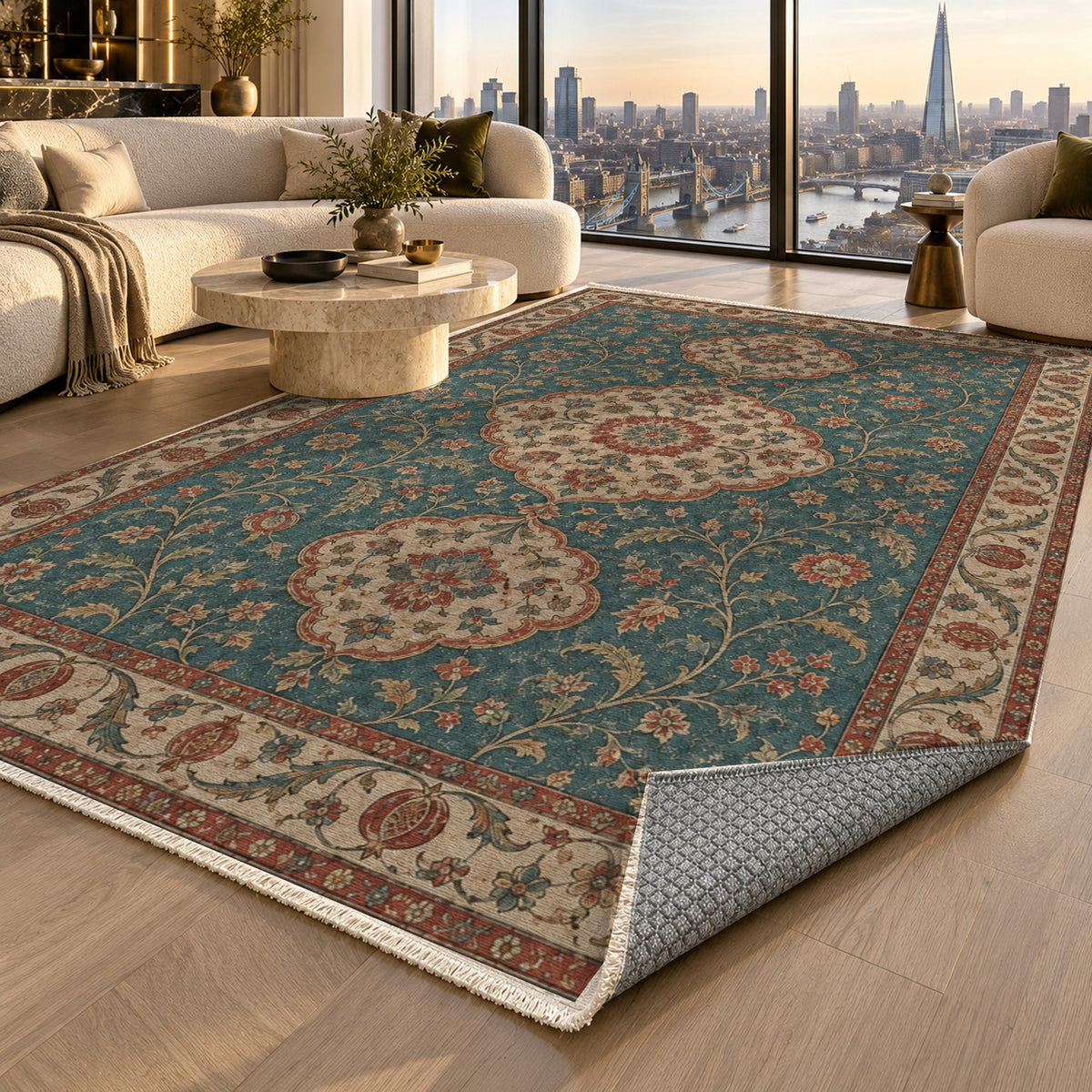 Vintage Bloom Turquoise Washable Rug — london luxury living