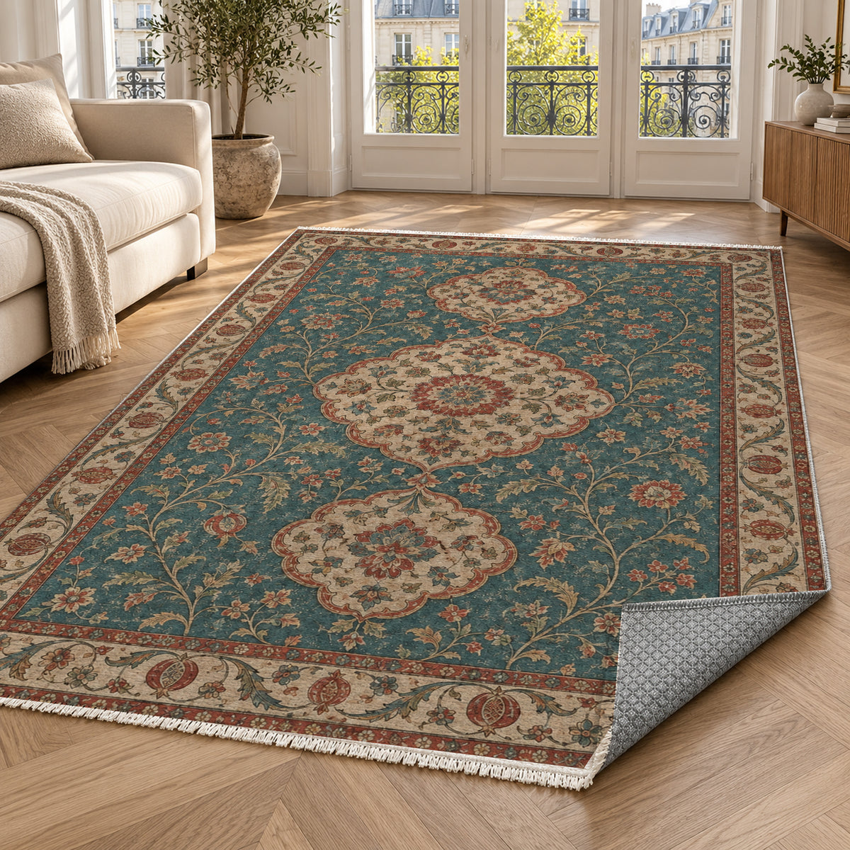 Vintage Bloom Turquoise Washable Rug — paris living