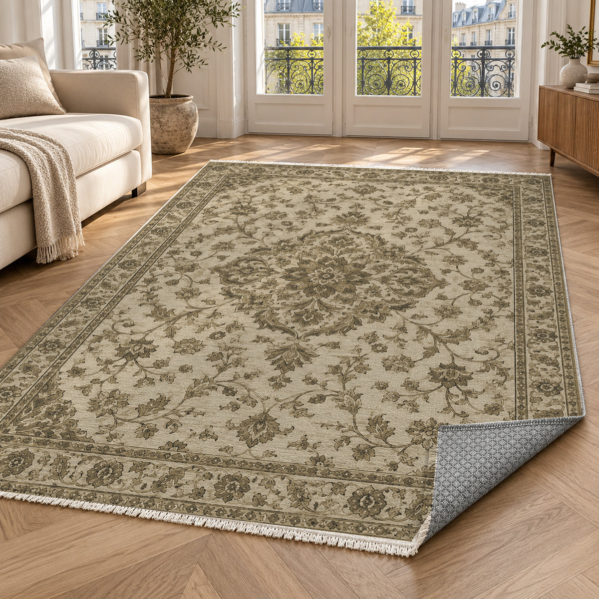 Vintage Botanical Black Antique Gold Washable Rug — paris living