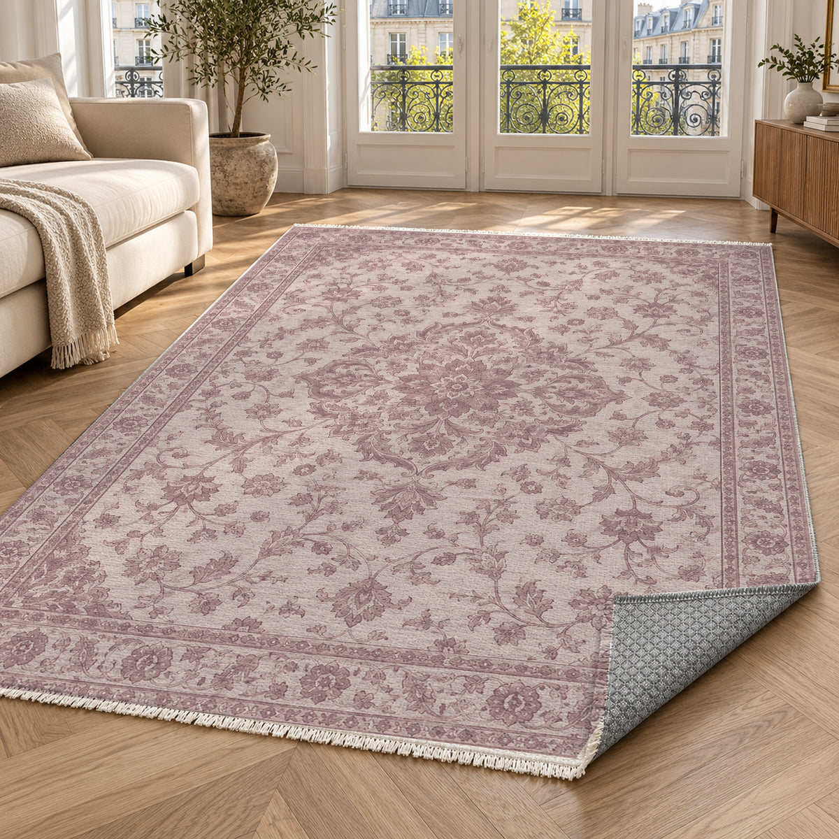 Vintage Botanical Blush Taupe Washable Rug — paris living