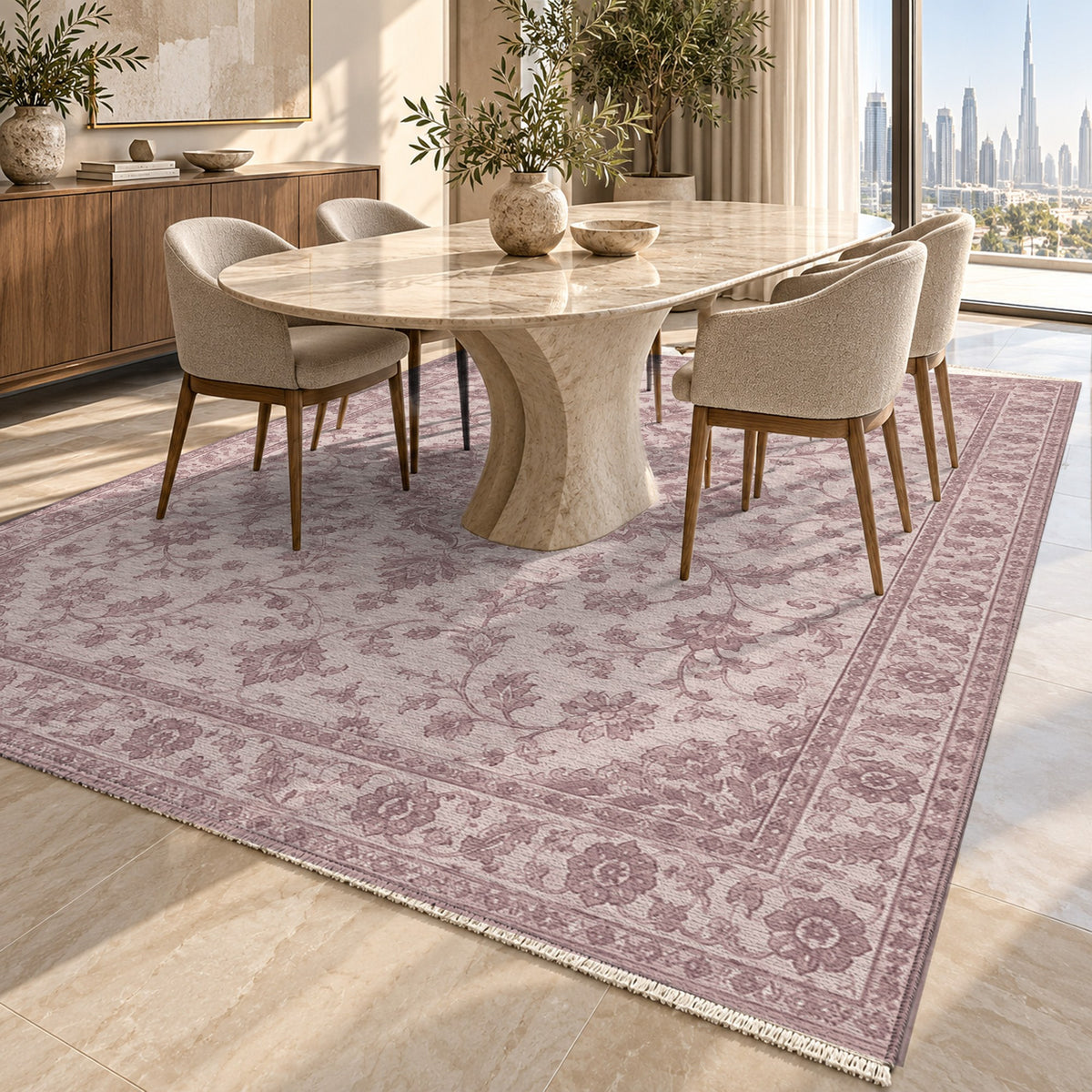 Vintage Botanical Blush Taupe Washable Rug — dubai dining