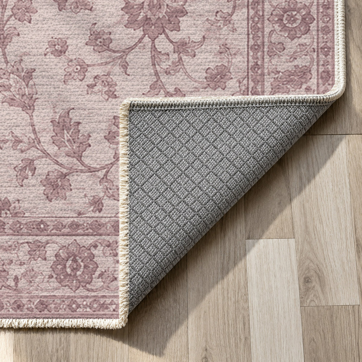 Vintage Botanical Blush Taupe Washable Rug — backing close up