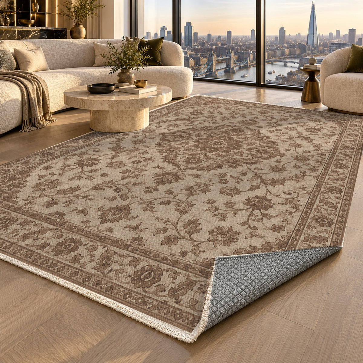 Vintage Botanical Mocha Cream Washable Rug — london luxury living