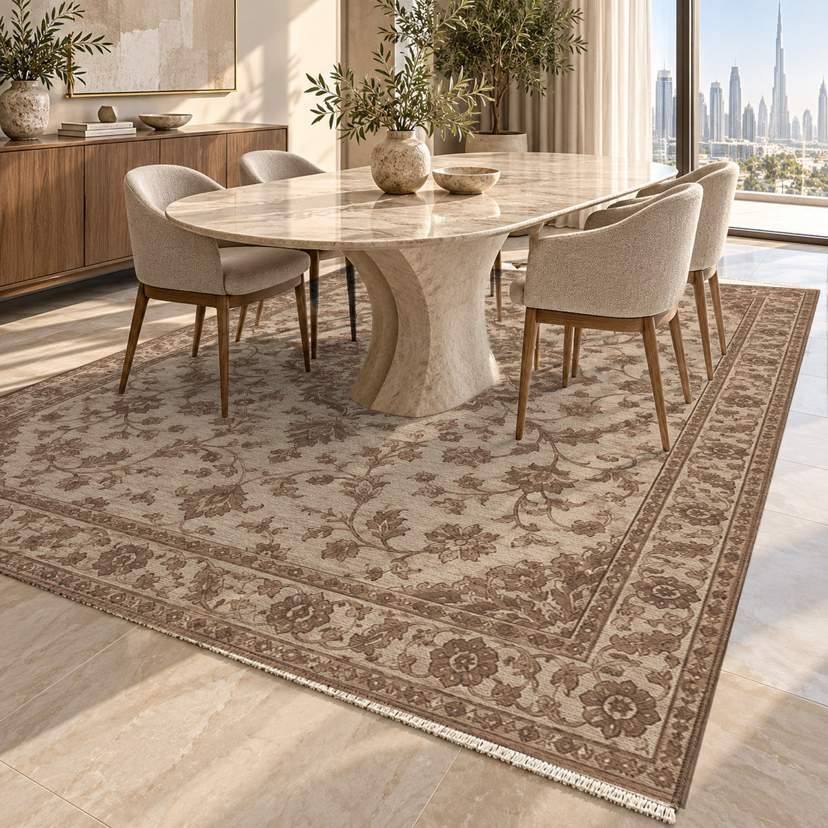 Vintage Botanical Mocha Cream Washable Rug — dubai dining