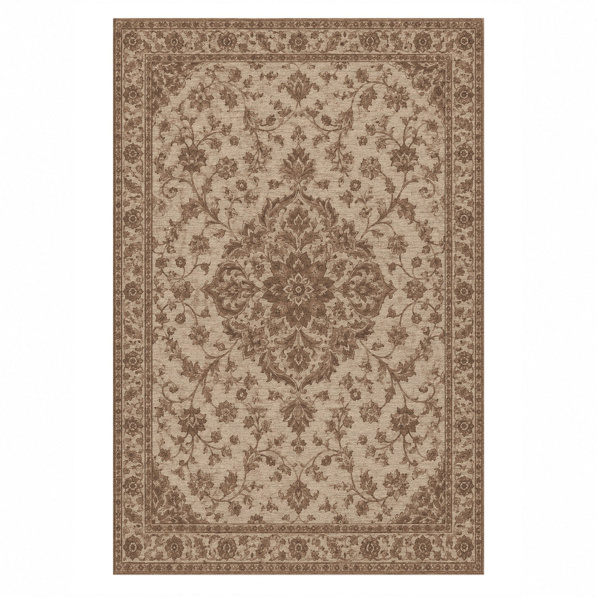 Vintage Botanical Mocha Cream Washable Rug — top view