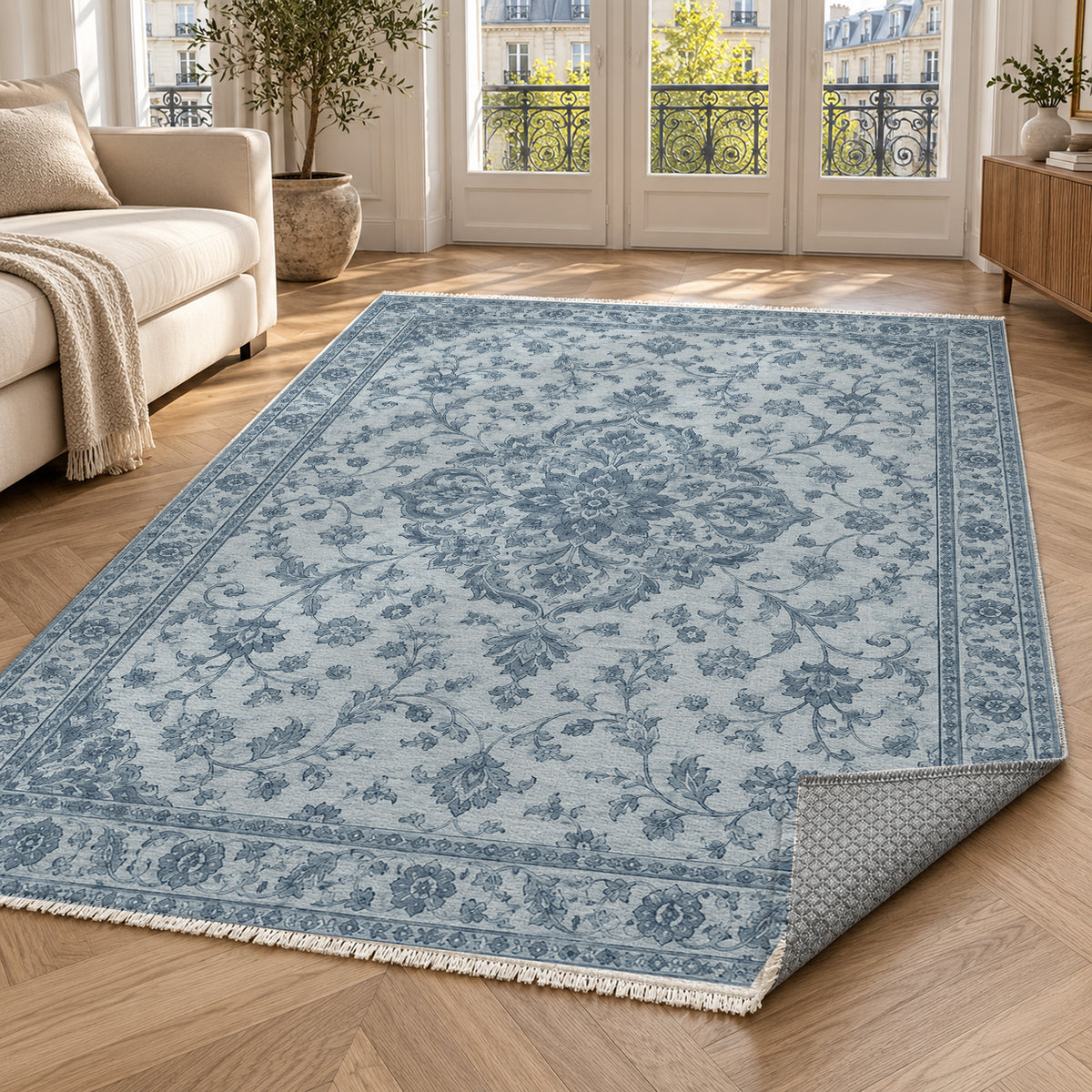 Vintage Botanical Navy Pearl Washable Rug — paris living