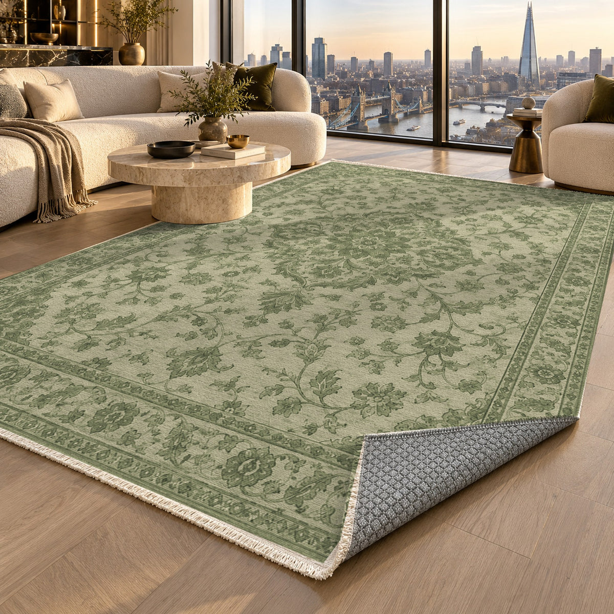 Vintage Botanical Olive Sand Washable Rug — london luxury living