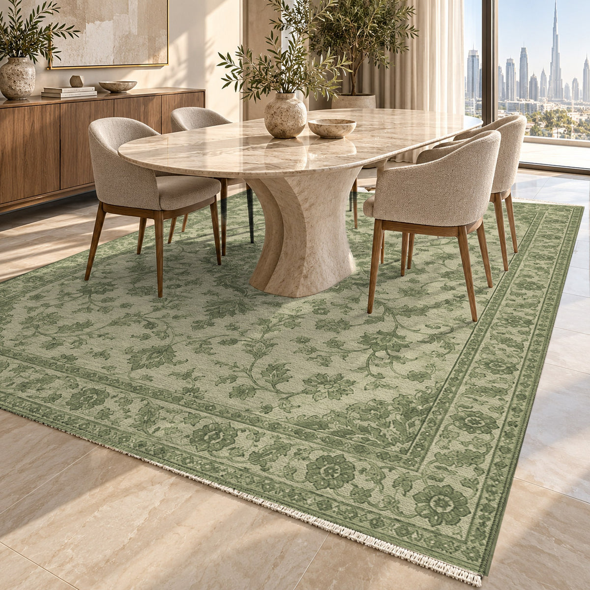 Vintage Botanical Olive Sand Washable Rug — dubai dining